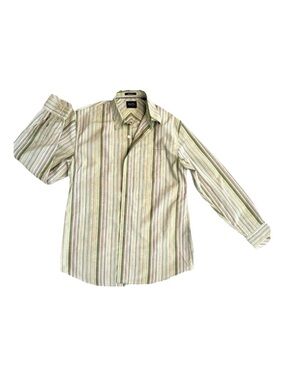 INDIGO PALMS ~ Men's Green and Off White Embroidered Striped Shirt size L